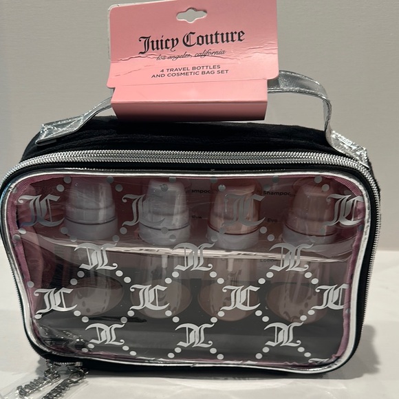 Juicy Couture Cosmetics Bag Set of 4 Travel Bottles in Clear, Black and Silver. - Picture 1 of 7